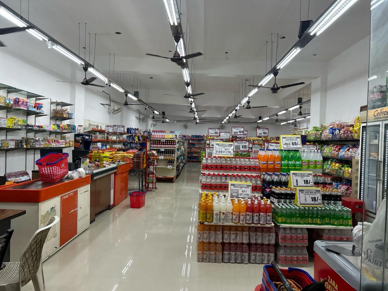 Wide view down the City Store main aisle
